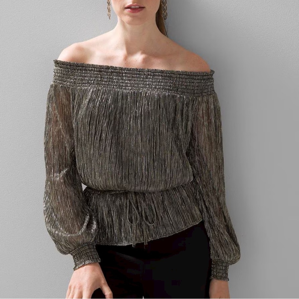 NWT White House Black Market Off Shoulder Sparkly Top, Gold/Silverver/Black, L